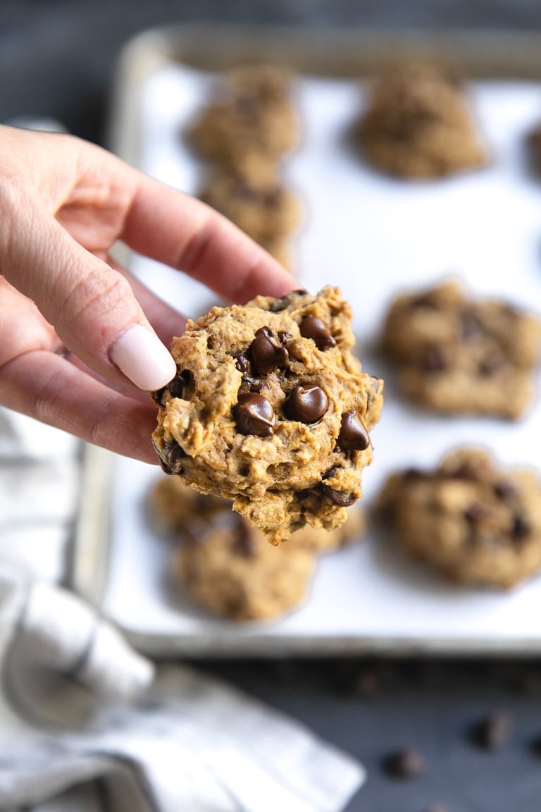 hand holding pumpkin chocolate chip cookie