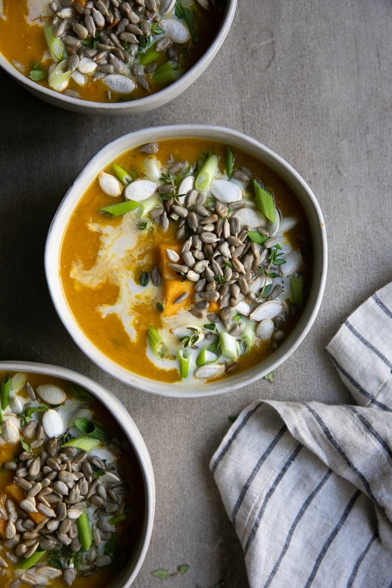 overhead image of 3 bowls of Healthy Curry Lentil Soup