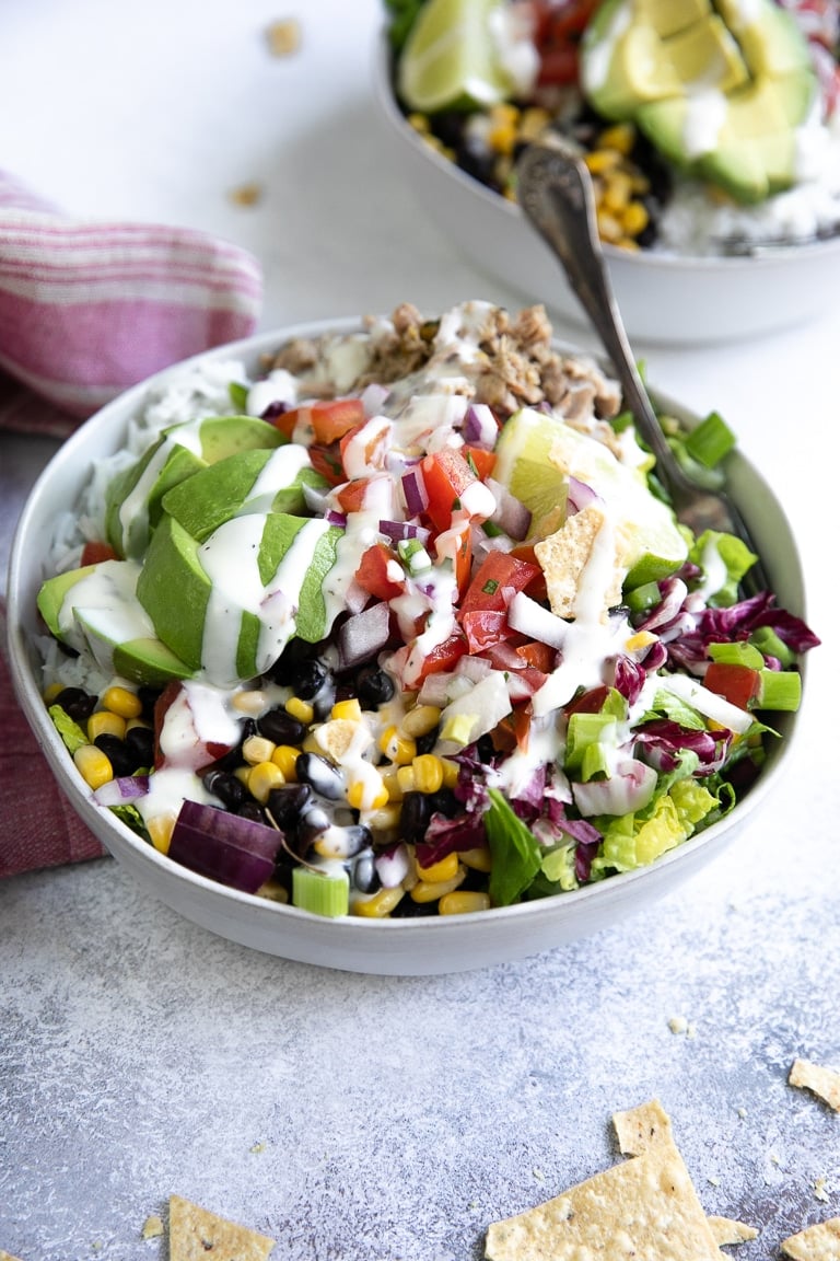 Chili Verde Pork Burrito Bowls (Slow Cooker) - The Forked Spoon