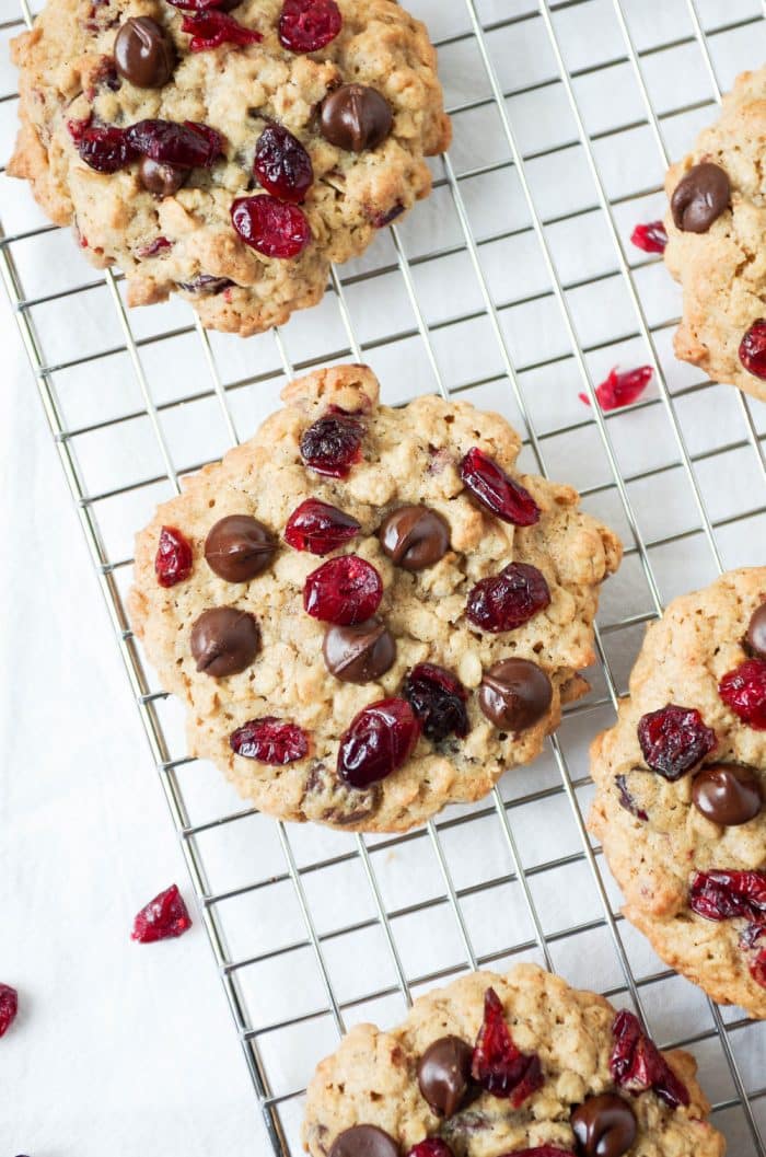 Cranberry Chocolate Chip Oatmeal Cookies cooling on a cooling rack.
