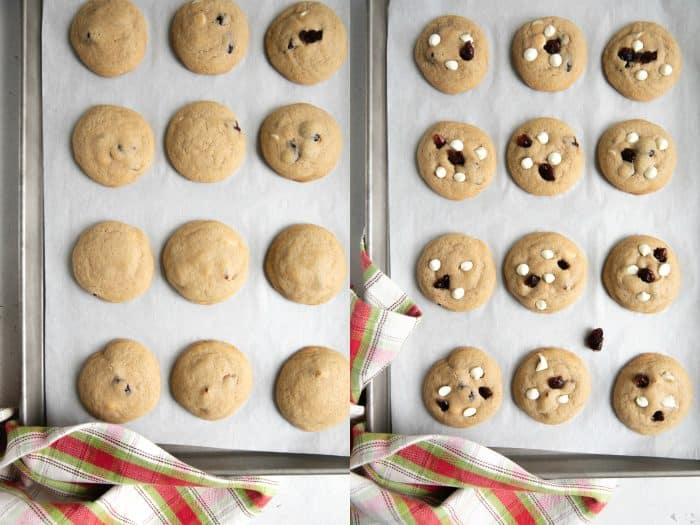 Collaged image of baked White Chocolate Cranberry Cookie Recipe on baking sheets.