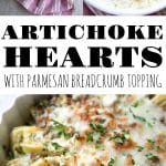 Collage of artichoke hearts with parmesan breadcrumb topping, featuring a baking dish of artichoke hearts, a bowl of parmesan and breadcrumb mixture, and the finished baked dish garnished with fresh herbs.