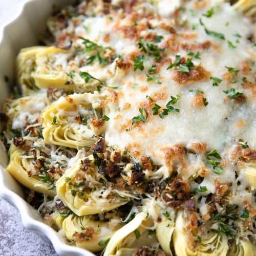 A close up of an artichoke heart dish