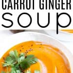 Collage of carrot ginger soup: diced carrots and potatoes in a pot, a pot of blended smooth carrot soup, and a close-up of a bowl of creamy carrot ginger soup garnished with cilantro and black sesame seeds.
