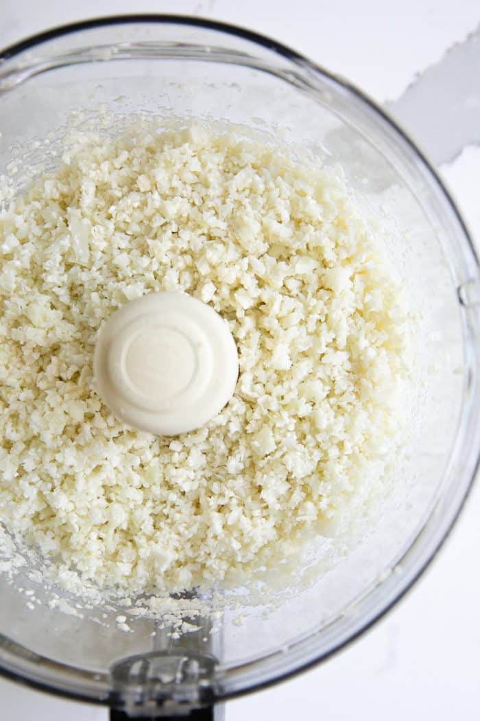 Cauliflower that has been processed into "rice" in the food processor.