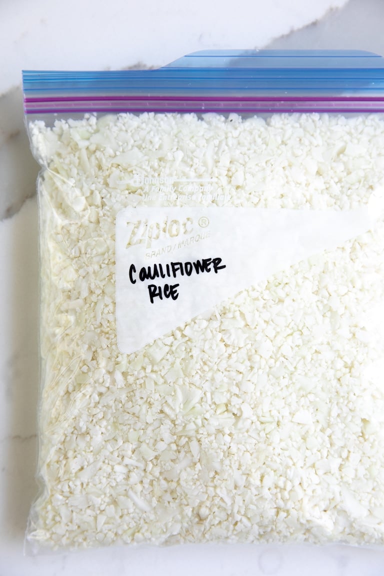 Ziplock bag filled with leftover cauliflower rice.