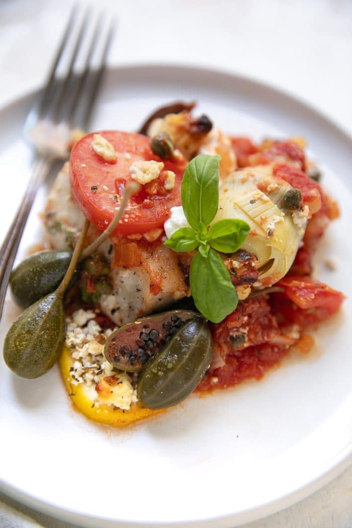 A plate of Mediterranean baked fish