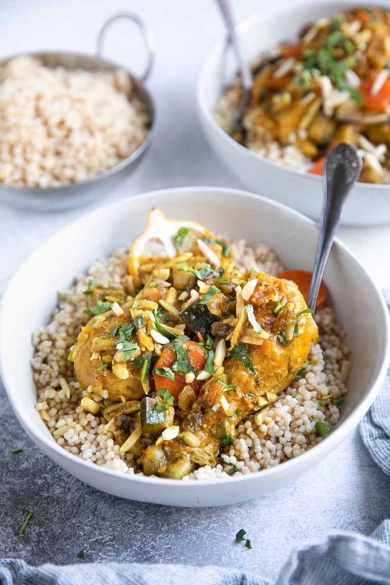 A bowl of couscous with Moroccan Chicken stew