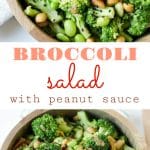 Wooden bowl filled with vibrant broccoli florets, edamame, roasted peanuts, and black sesame seeds, all tossed in a creamy peanut sauce.