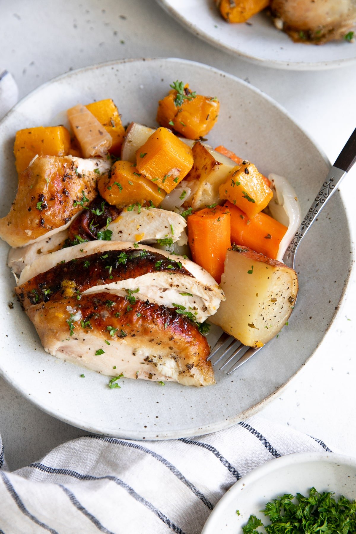 Plate filled with sliced roast chicken breast served with tender roasted vegetables.