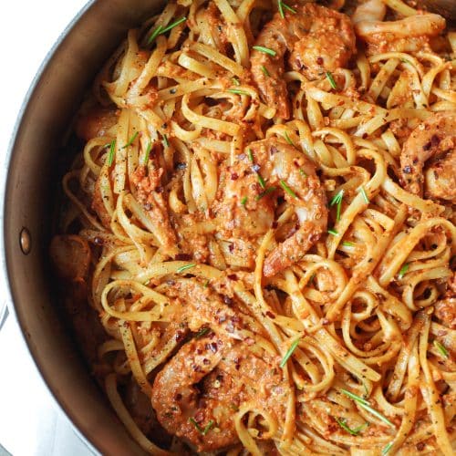 Sundried Tomato Basil Pesto Pasta with Shrimp in a pot