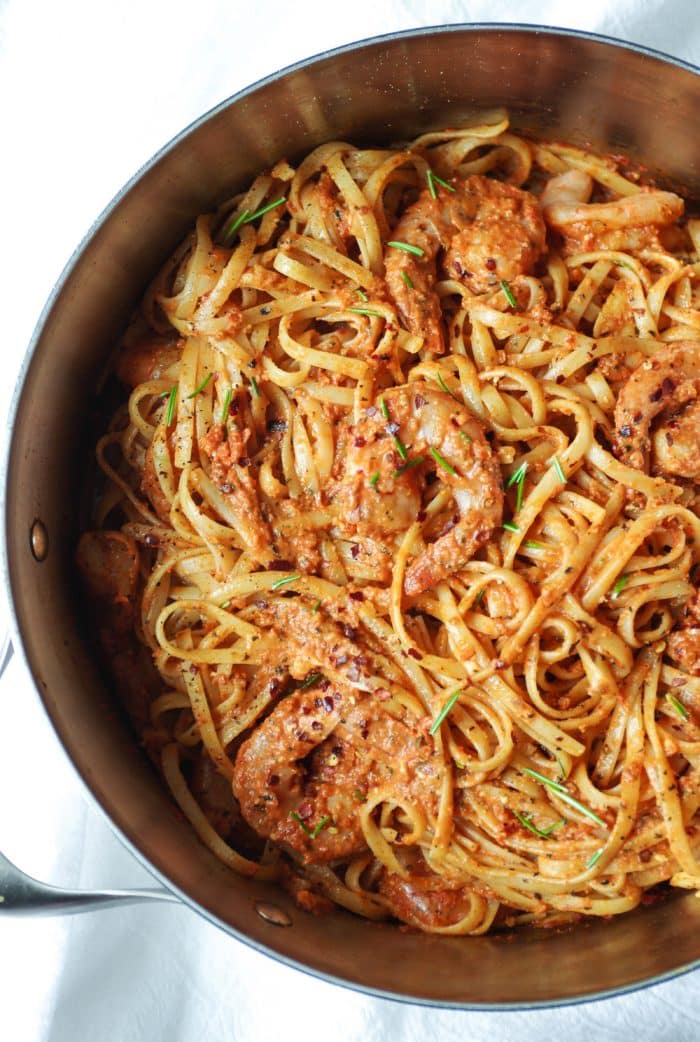 Sundried Tomato Basil Pesto Pasta with Shrimp in a pot