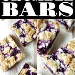 Overhead view of blueberry crumble bars featuring a golden, crumbly topping and a vibrant blueberry filling, cut into squares and arranged on a wooden surface.