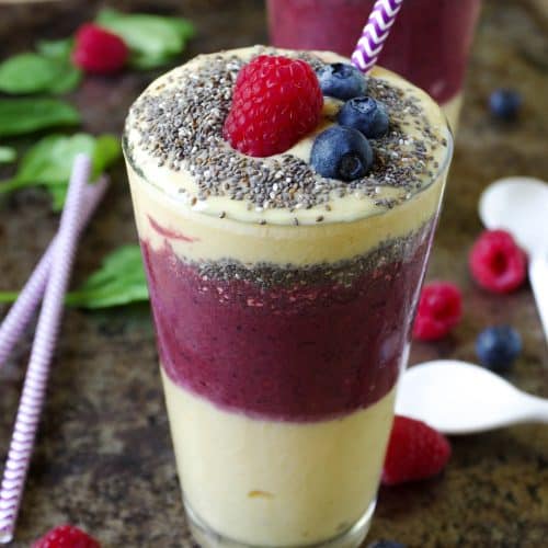 Layered Berry Beet and Mango Carrot Smoothie with Chia Seeds