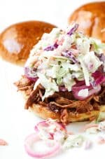 Cherry BBQ Chicken Sandwiches with Pickled Red Onions + Coleslaw