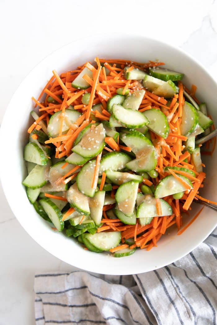 Tossed together miso cucumber salad.