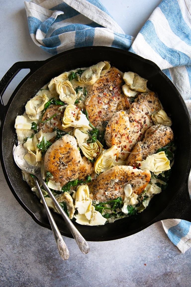 One Pan Creamy Spinach Artichoke Chicken Recipe - The Forked Spoon