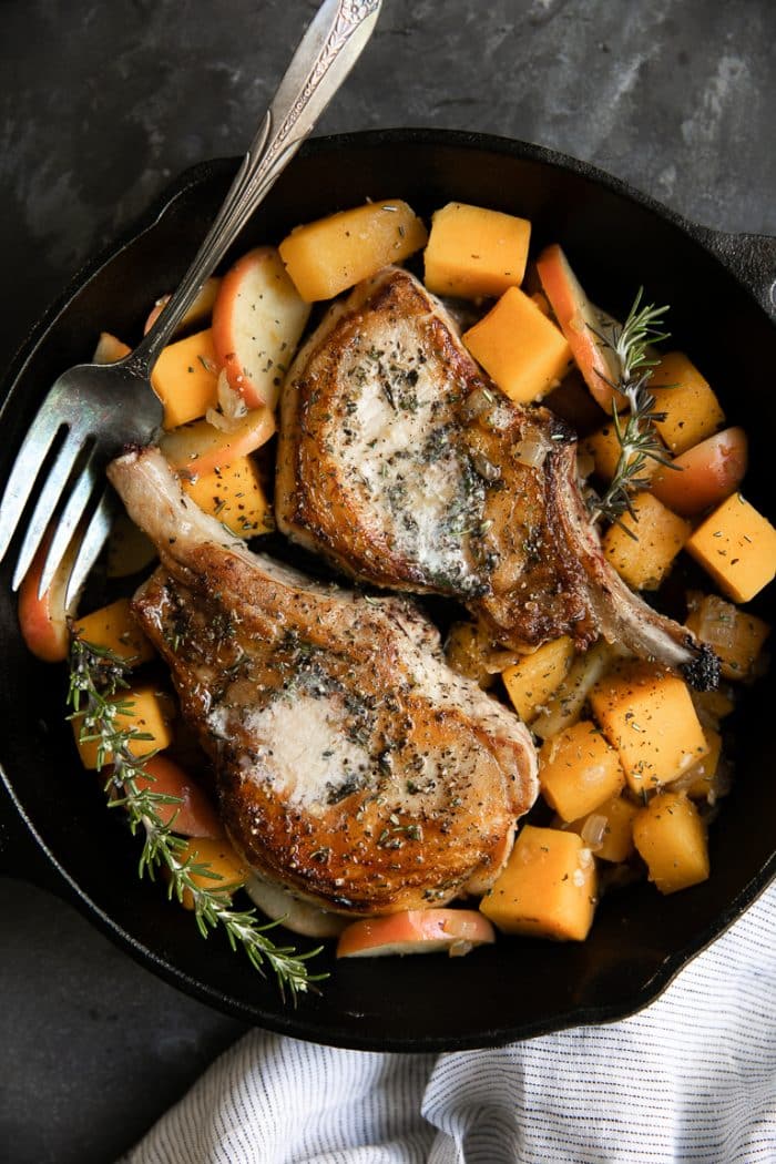 One-skillet Pork Chops with Apples and Butternut Squash