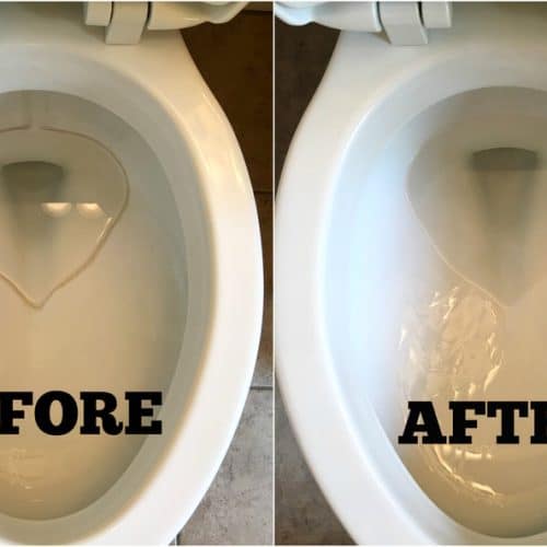 Before Image of a Toilet with Hard Water Ring around the water line in the bowl, with a after cleaning picture next to it showing toilet bowl without hard water stain