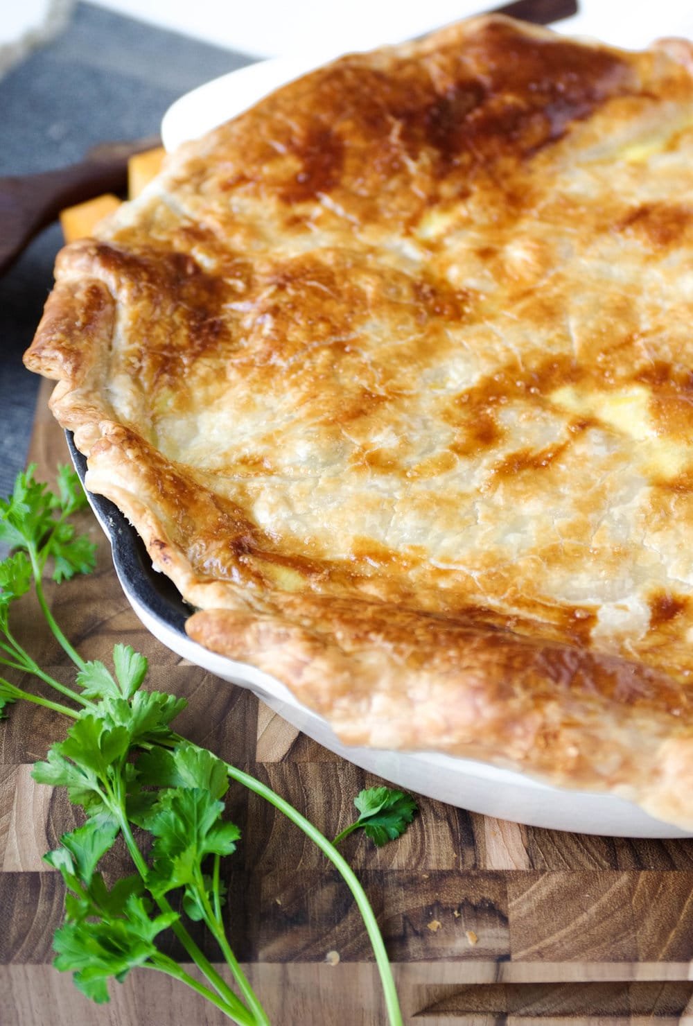 A close up of a skillet of Chicken Alfredo Bake