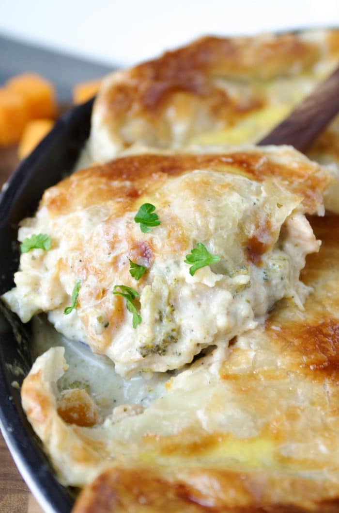 Chicken, Cauliflower and Butternut Squash Skillet Alfredo Pie