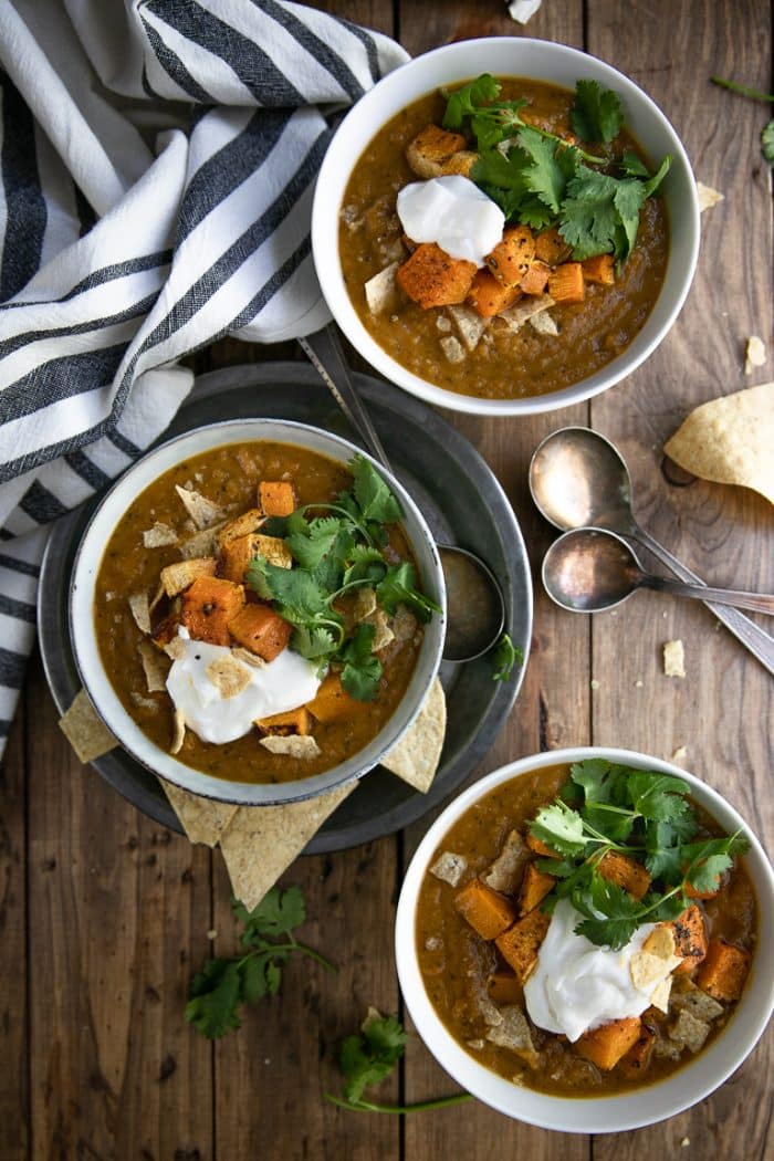 Overhead view of black bean and butternut squash soup