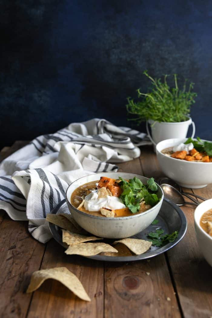 Bowl filled with bean and squash soup