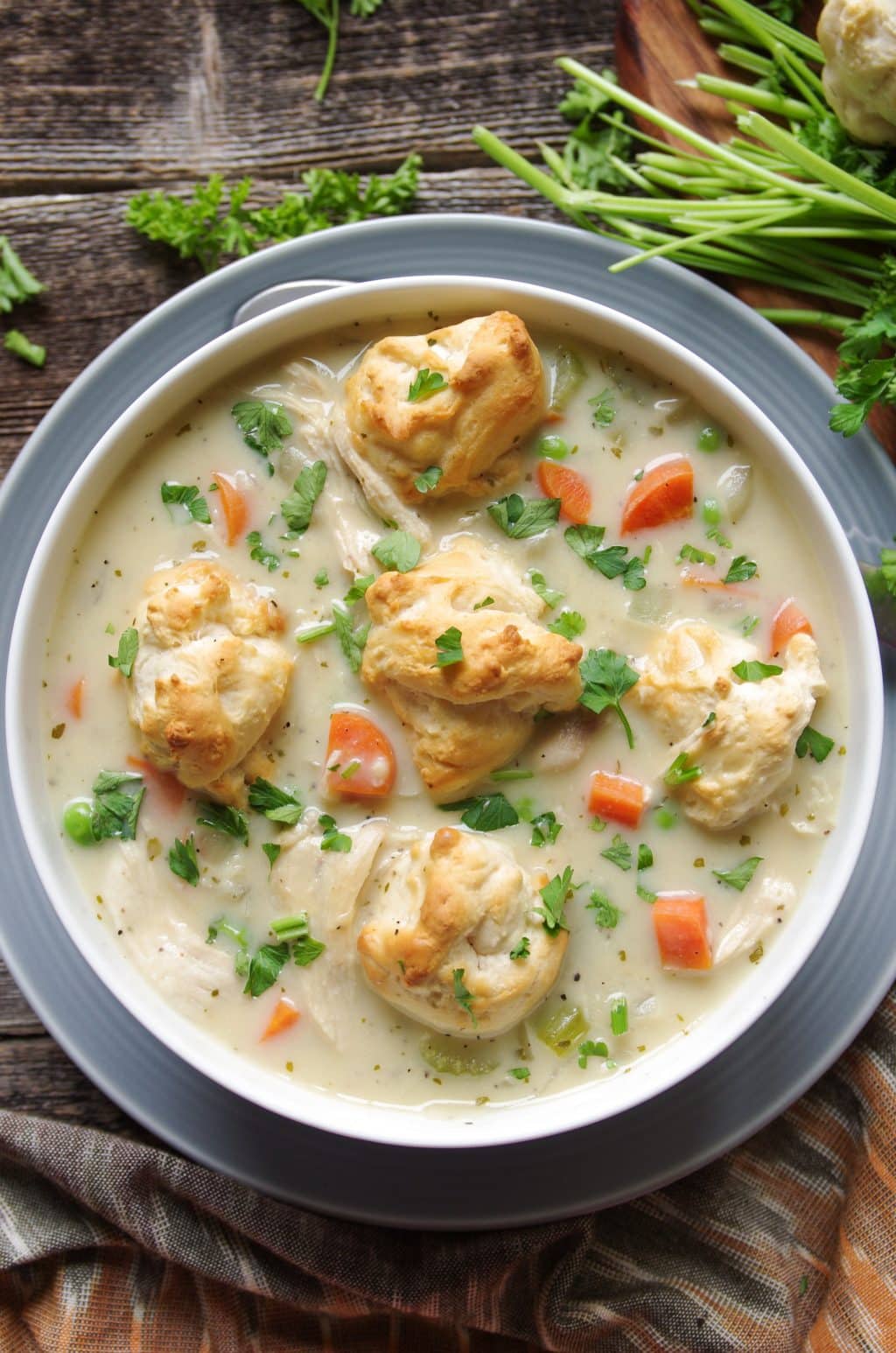 bowl of Chicken Pot Pie Soup with Buttermilk Biscuit Crumbles