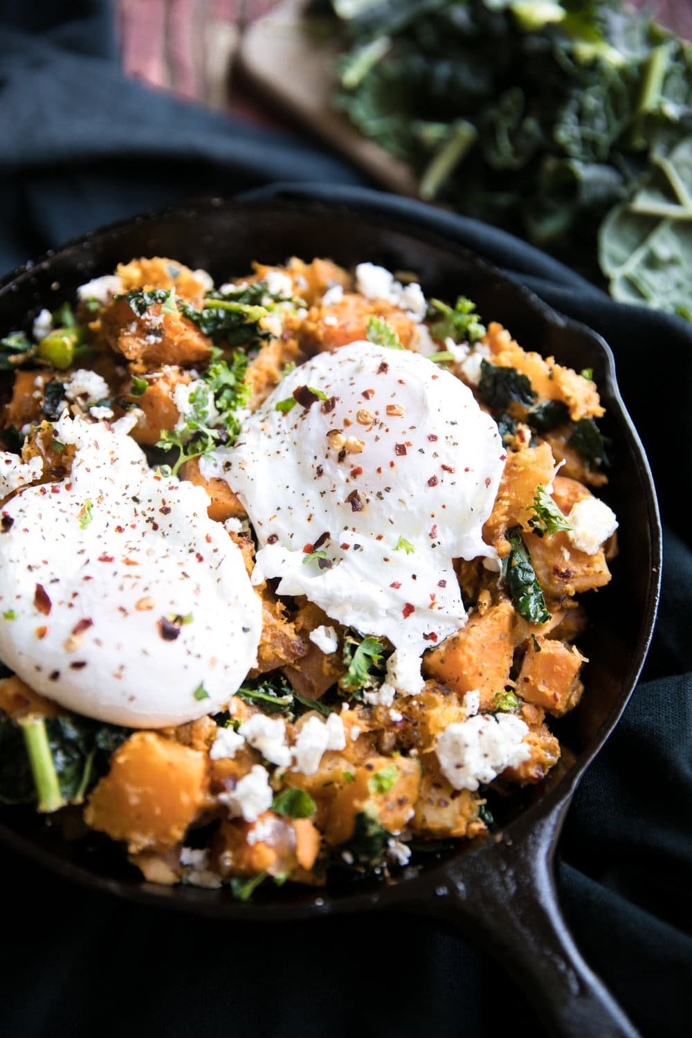 Sweet potato hash in a cast iron skillet