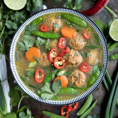 Healthy Thai Meatball Soup in blue bowl