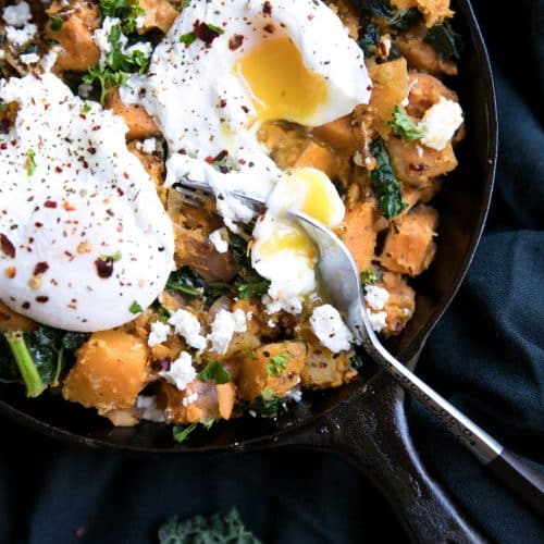 Sweet Potato + Butternut Squash Hash with Feta and Poached Egg