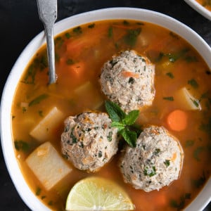 A bowl of albondigas soup