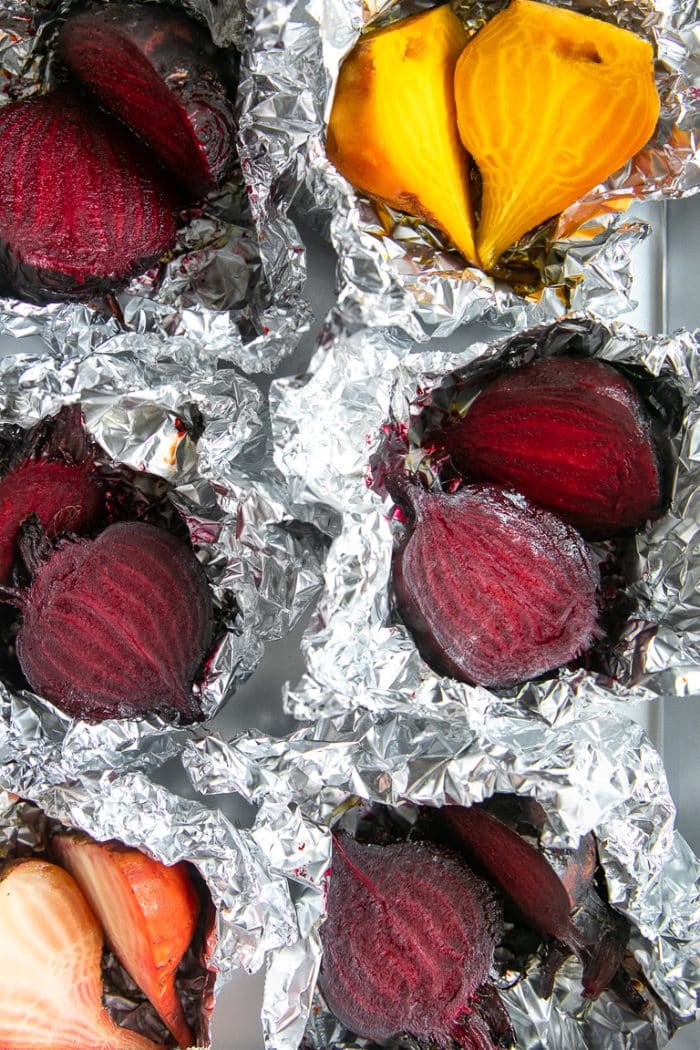 beets sliced in two in foil