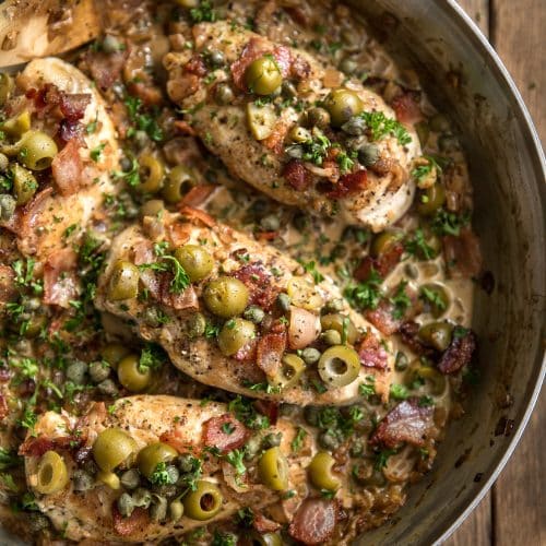 Skillet Chicken with Bacon, Caper and Olive Sauce