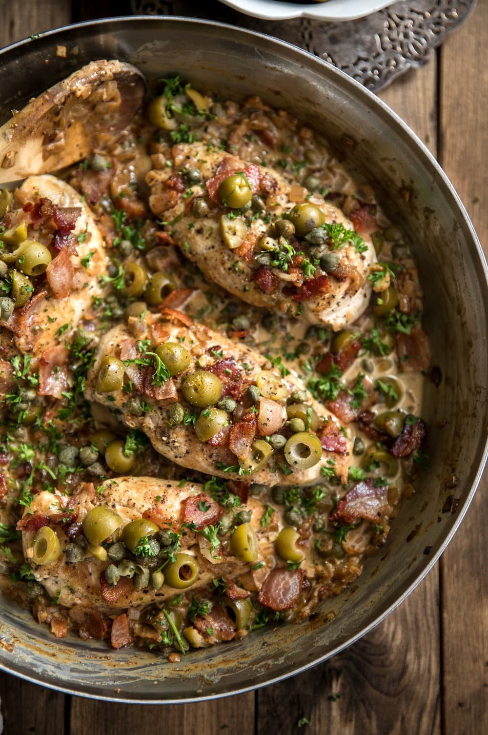 Skillet Chicken with Bacon, Caper and Olive Sauce