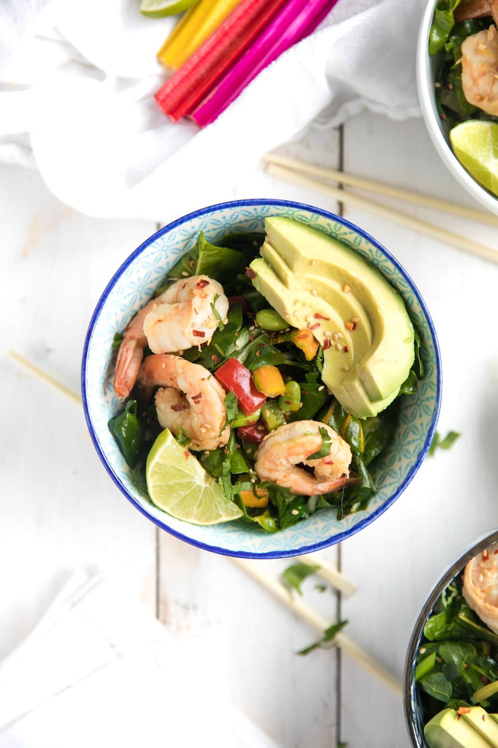 A shrimp and rice bowl with chard