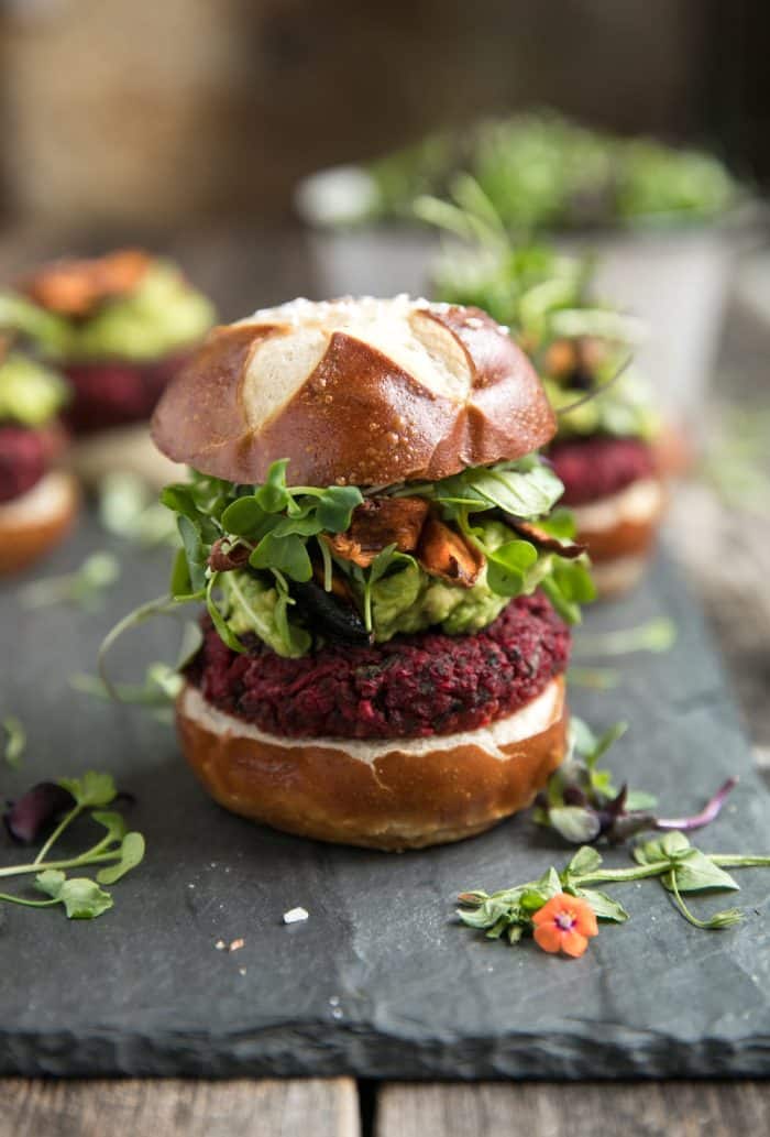 Vegetarian Beet Burgers with Avocado and Sweet Potato Fries