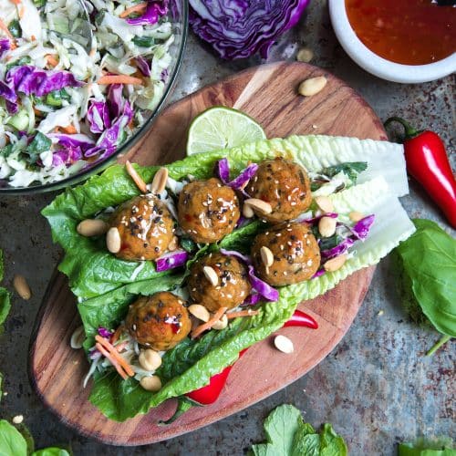 Thai Meatball Lettuce Wraps with Tangy Cabbage Slaw