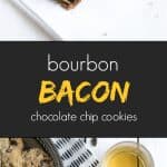 chocolate chip cookie with bite taken out, bacon crumbles, and a shot of bourbon