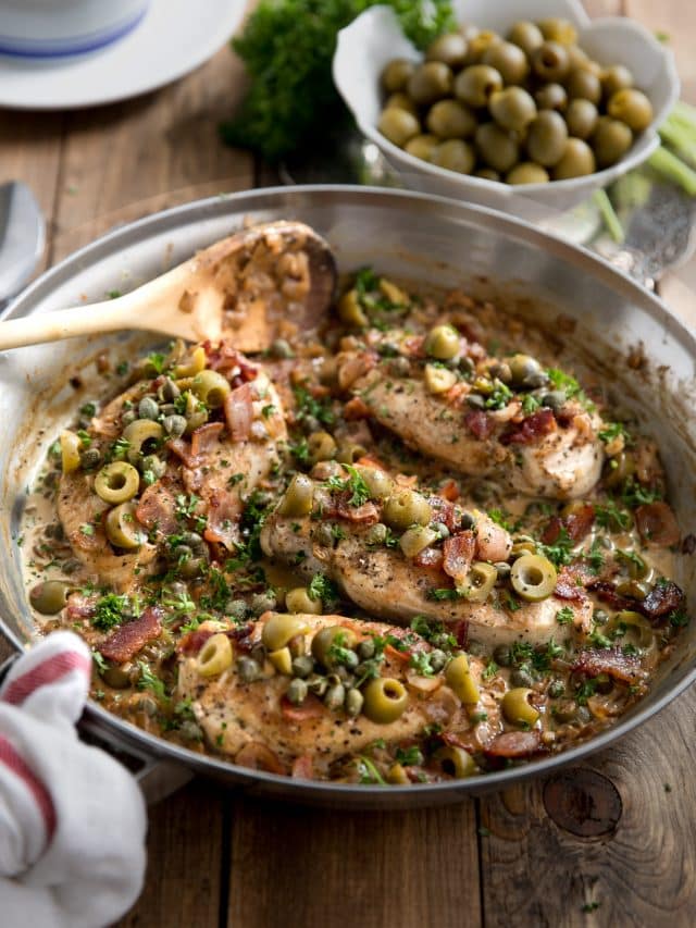 Chicken with Creamy Bacon, Caper, and Olive Sauce