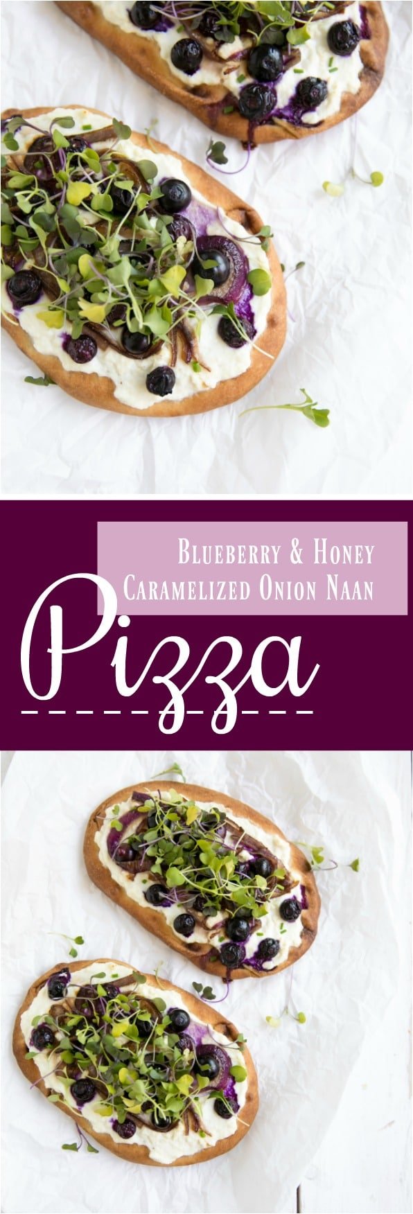 naan used as crust of pizza with blue berries, sprouts, caramelized onion, honey