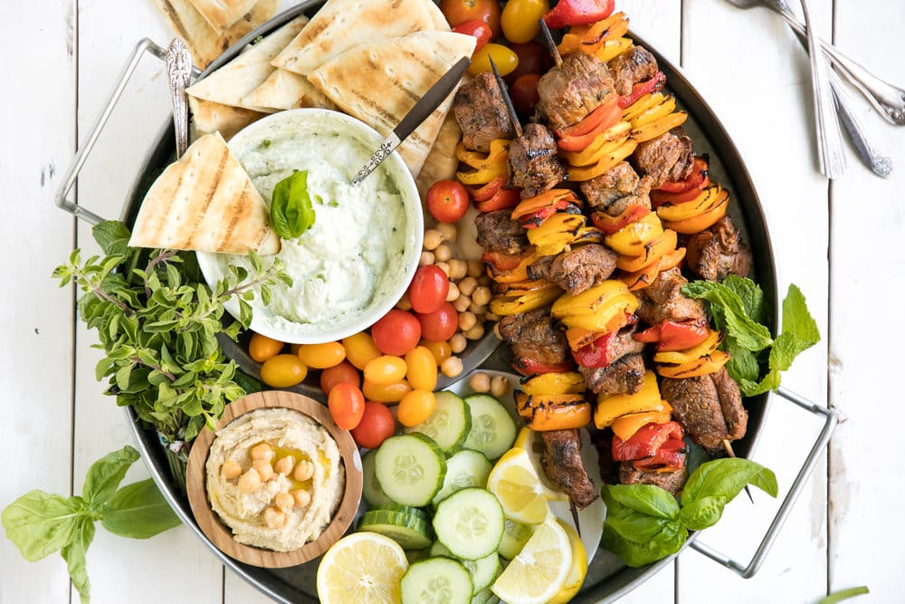 Grilled Lamb Kebab Platter with Basil Goat Cheese