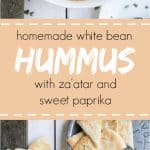 white bean hummus with chickpeas, oil and spices in a bowl