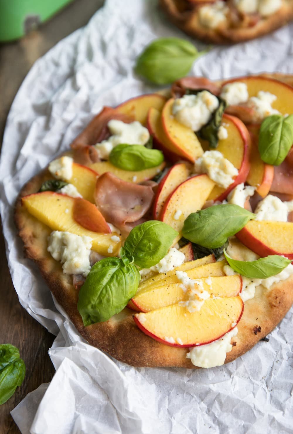 close up of Peach, Goat Cheese and Prosciutto Flatbread