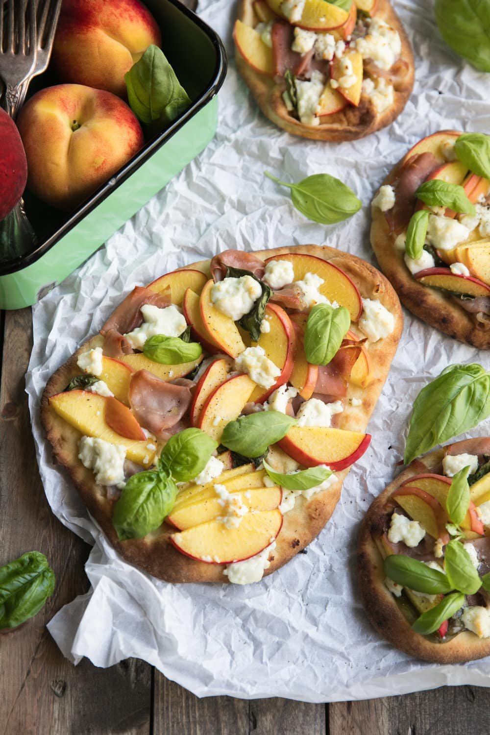 diagonal image of Peach, Goat Cheese and Prosciutto Flatbread