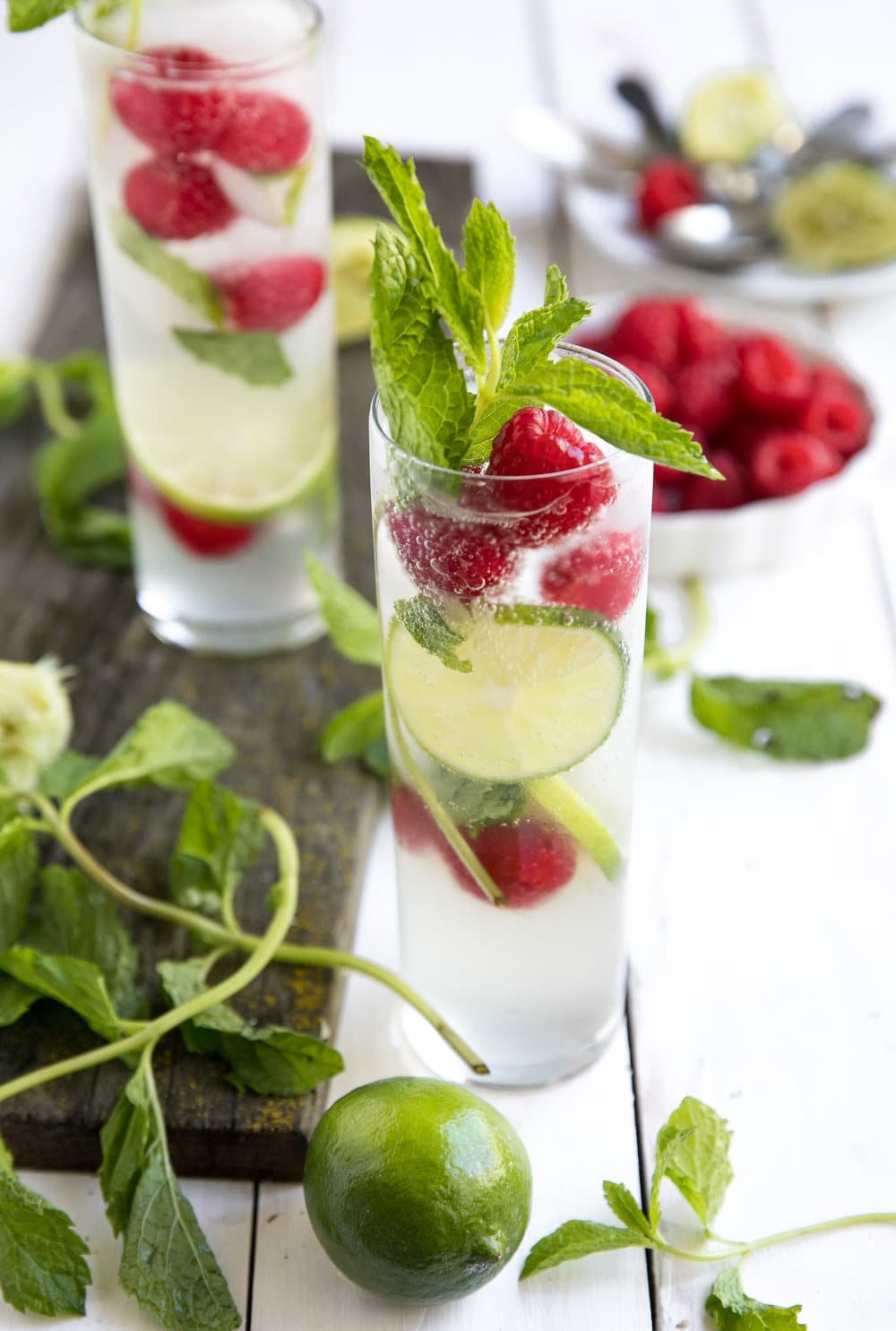 2 Minute Raspberry Mojito in two glasses on white background