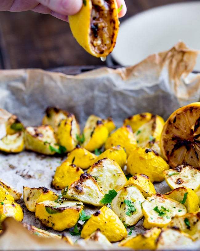 ROASTED SUMMER SQUASH WITH THYME AND CHARED LEMON