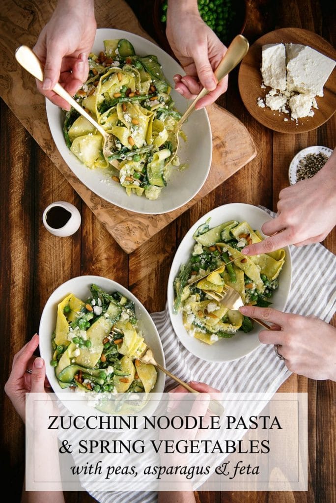 ZUCCHINI NOODLE PASTA & SPRING VEGETABLES WITH PEAS, ASPARAGUS AND FETA