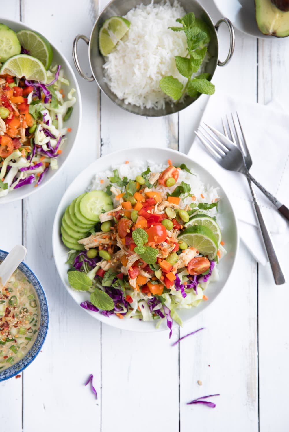 Chicken Veggie Rice Bowls with Ginger Scallion Dressing - The Forked Spoon