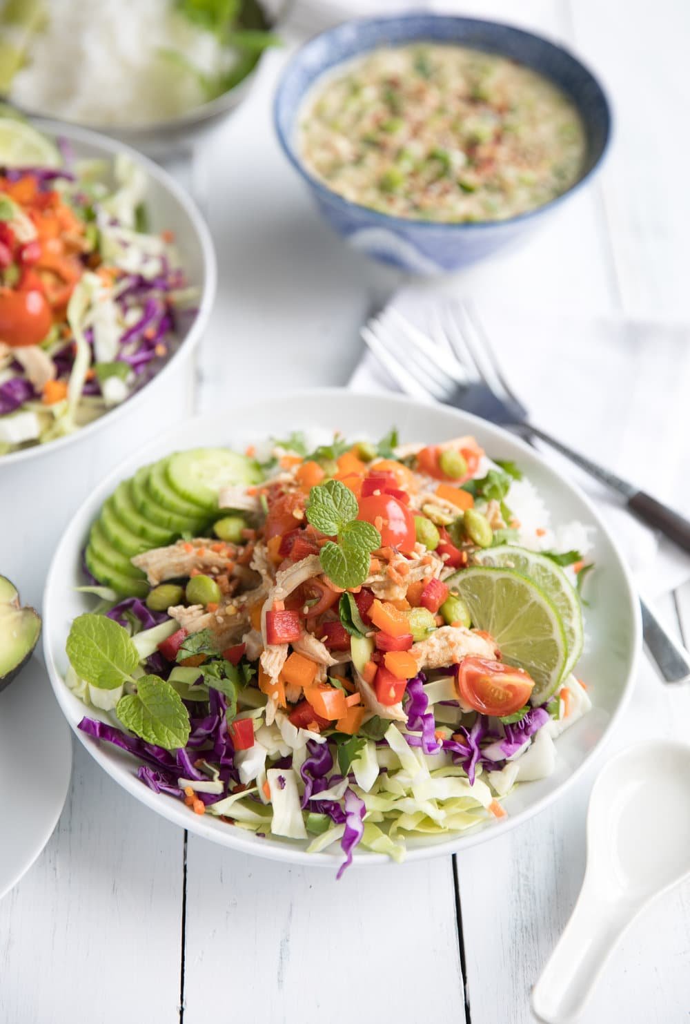 These Chicken Veggie Rice Bowls with Ginger Scallion Dressing are gluten-free, bursting with fresh, crunchy greens and are super tasty! 